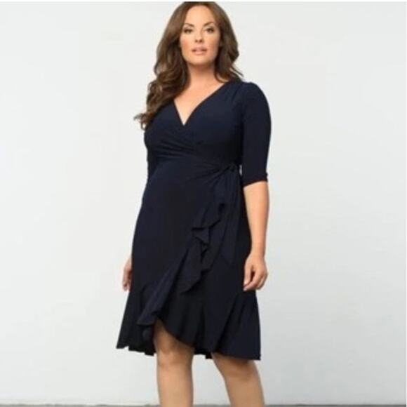Kiyonna Womens True Wrap Dress 14/16 Midi Stretch Ruffle Hem Party Event Evening - Picture 1 of 14
